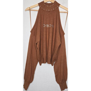 Bebe Womens Sweater Top Small Brown Embellished Pearl Rhinestone Logo Y2K Soft